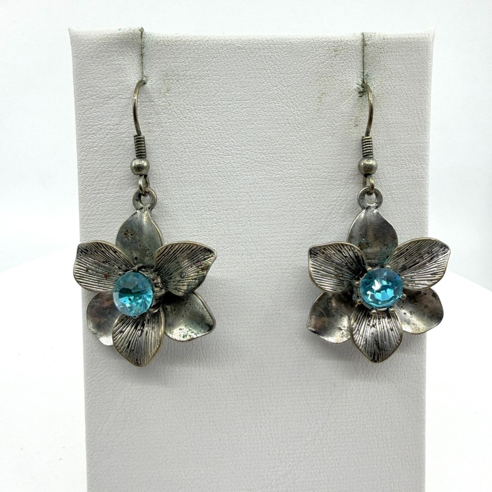Floral Blue Crystal Statement Dangle Earrings Romantic Boho Silver Tone Gift